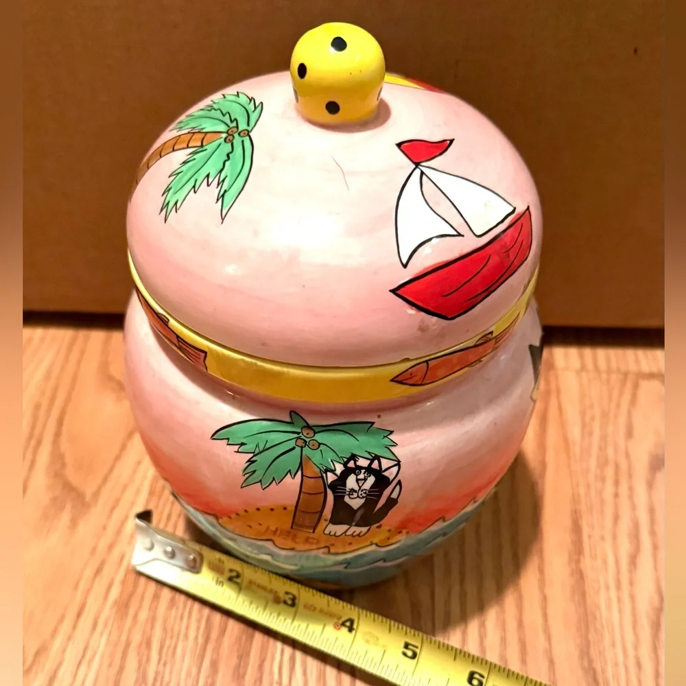 Catzilla 2003 Candace Reiter hand-painted ceramic cat treat jar or canister